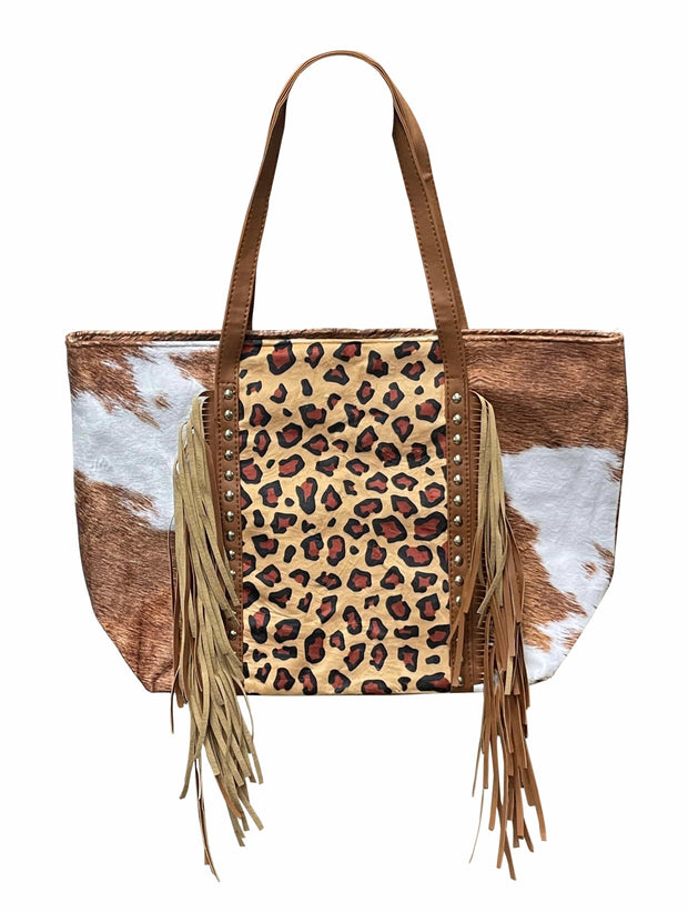 ILTEX Apparel Accessory Cheetah Brown Cow Tassel Fringe Bag