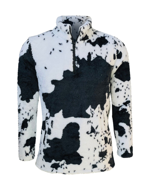 ILTEX Apparel Adult Clothing Cow Print Black White Sherpa Pullover Women