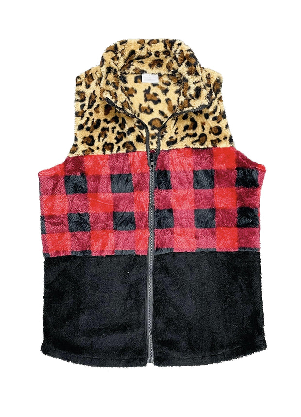 ILTEX Apparel Adult Clothing Sherpa Color Block Plaid Cheetah Vest Women