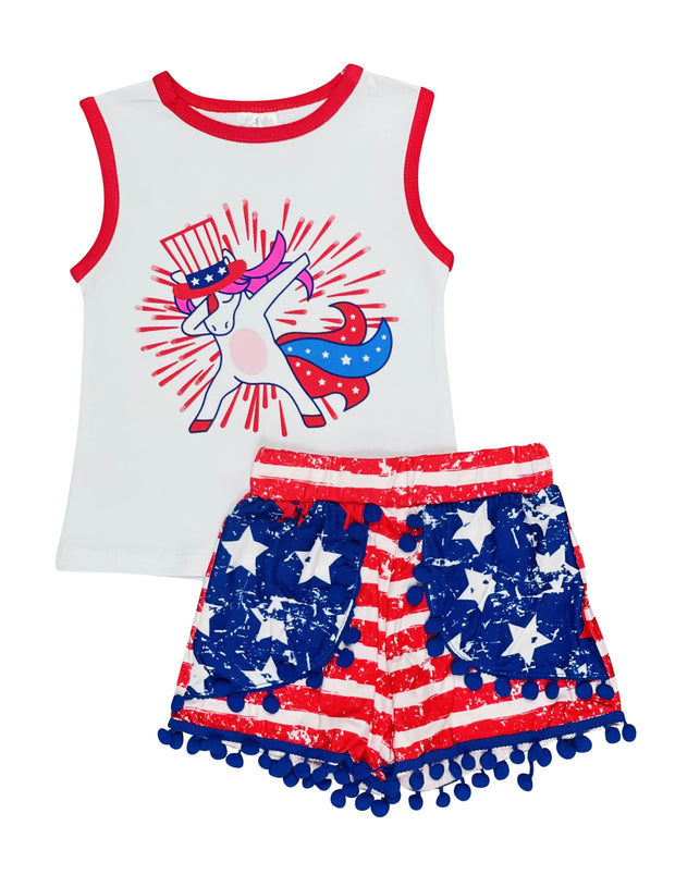 ILTEX Apparel Kids Clothing Fourth of July Unicorn Pom Pom Outfit