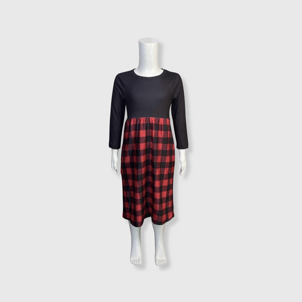 Plaid Red Black Long Sleeve Maxi Dress Kids