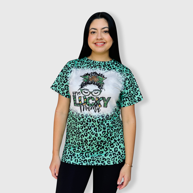 St. Patricks Lucky Mama Green Cheetah Faux Bleached Top