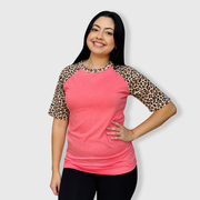 Cheetah Animal Print Short Sleeve Coral Top