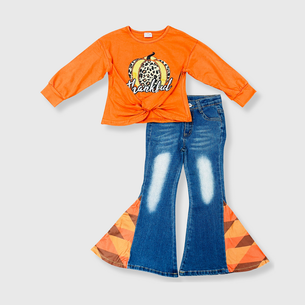 Thankful Orange Pumpkin Denim Outfit Kids