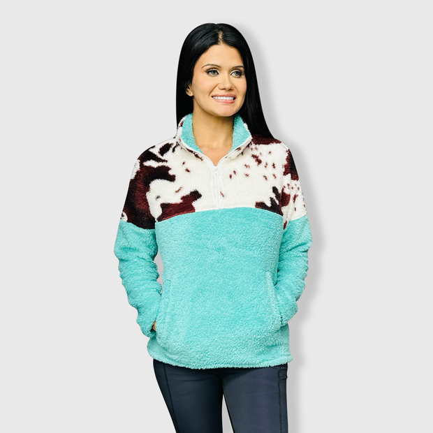 Sherpa Turquoise Brown Cow Pullover Women