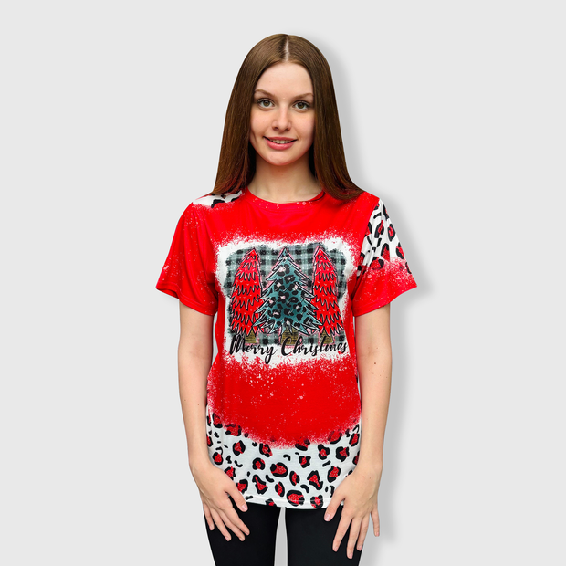 Merry Christmas Red Cheetah Short Sleeve Top