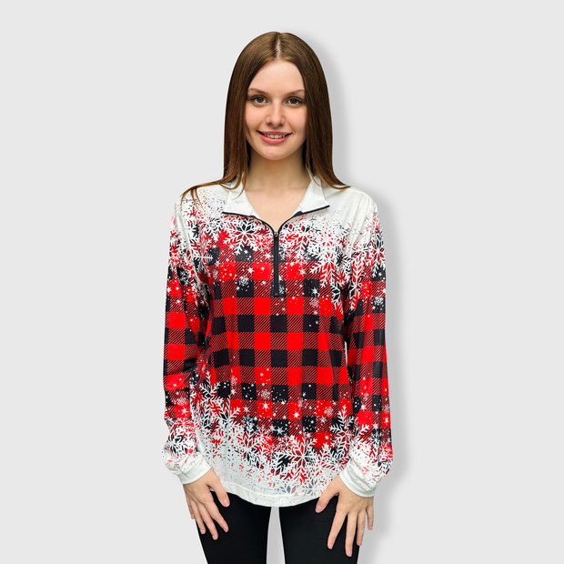 Buffalo Plaid Snowflakes Quarter Zip Top