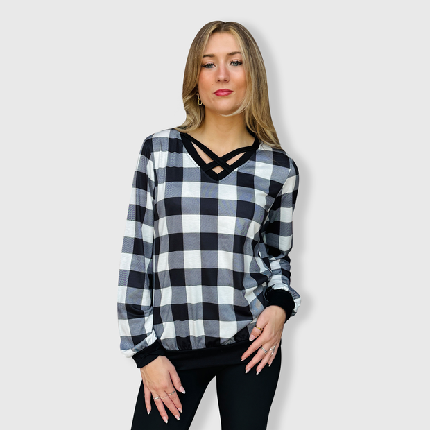 Crisscross V-Neck Black White Plaid Top