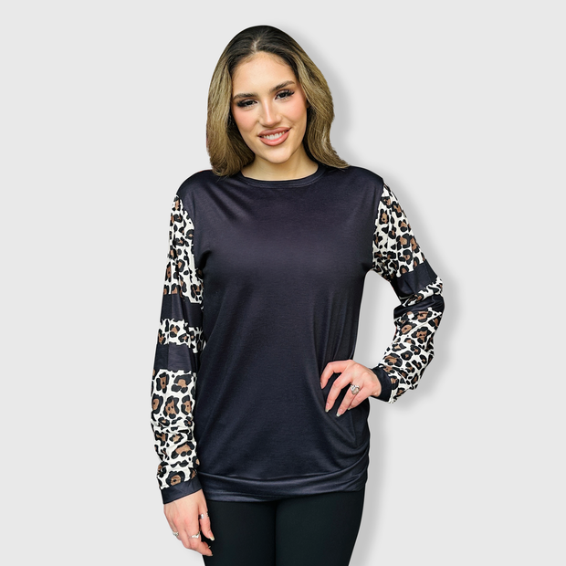 Cheetah Black Spliced Long Sleeve Top