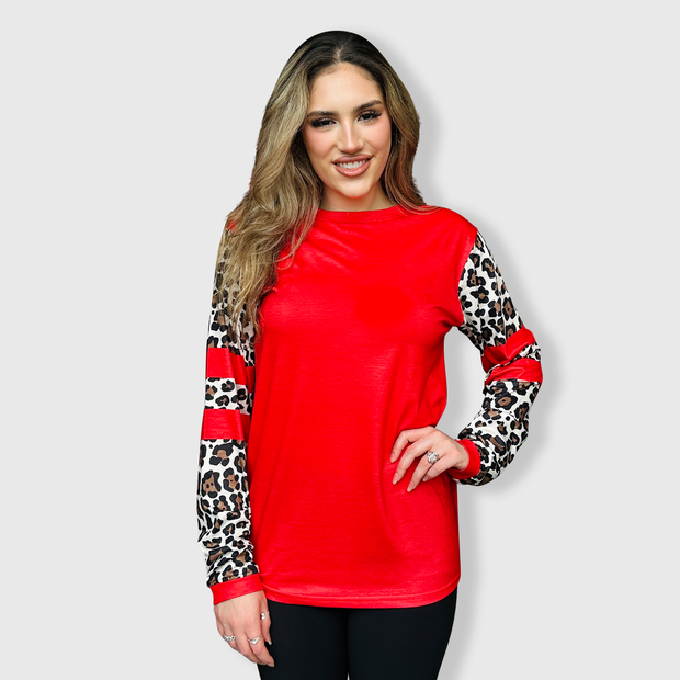 Cheetah Red Spliced Long Sleeve Top