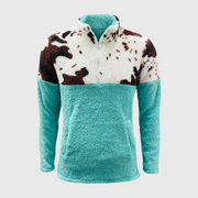 Sherpa Turquoise Brown Cow Pullover Women