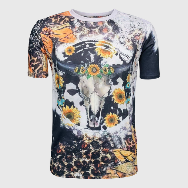 Sunflower Black Steer Skull Bleached Top