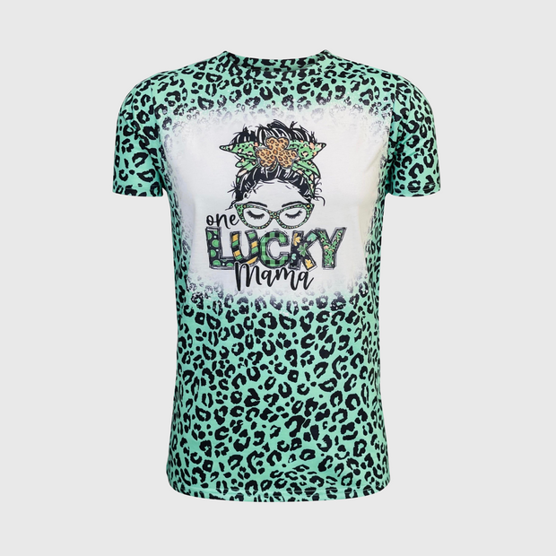 St. Patricks Lucky Mama Green Cheetah Faux Bleached Top