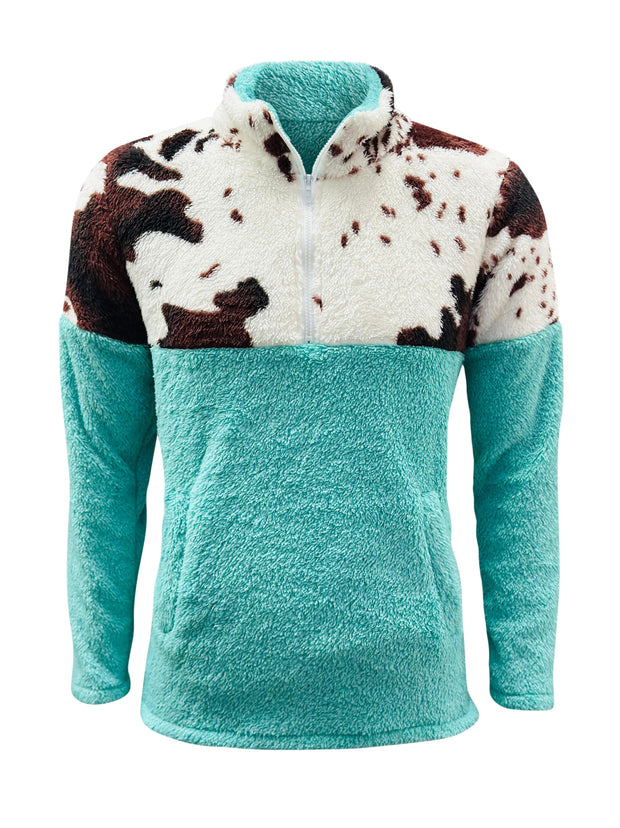 ILTEX Apparel Adult Clothing Sherpa Turquoise Brown Cow Pullover Women