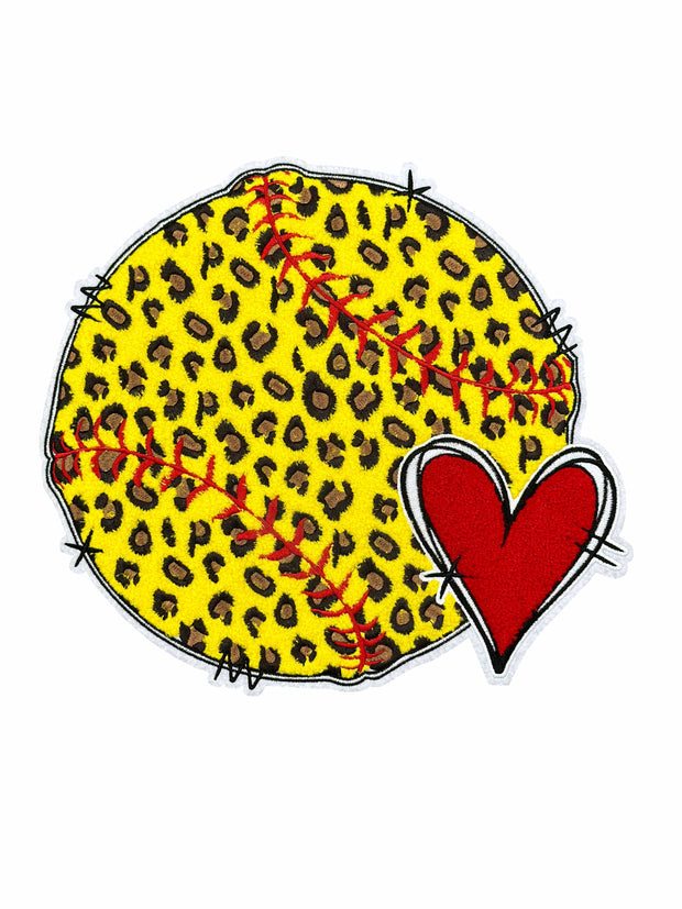 ILTEX Apparel Chenille Patches CP1035 - Softball Cheetah Heart Chenille Patch