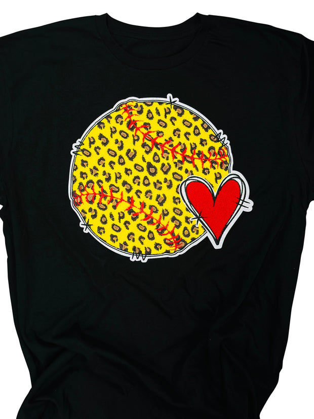 ILTEX Apparel Chenille Patches CP1035 - Softball Cheetah Heart Chenille Patch
