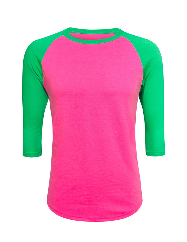 ILTEX Apparel Raglan Pink/Green / Small Adult Plain Raglan 3/4 T-Shirt - Pink Body