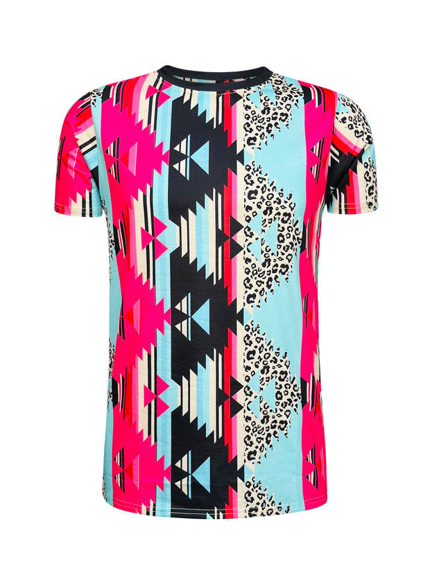 ILTEX Apparel Women's Clothing Aztec Cheetah Pink Blue Top