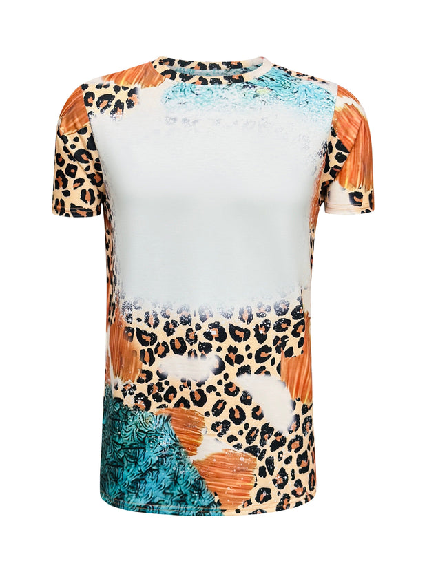 ILTEX Apparel Women's Clothing Cheetah Brown Turquoise Blank Faux Bleached Top