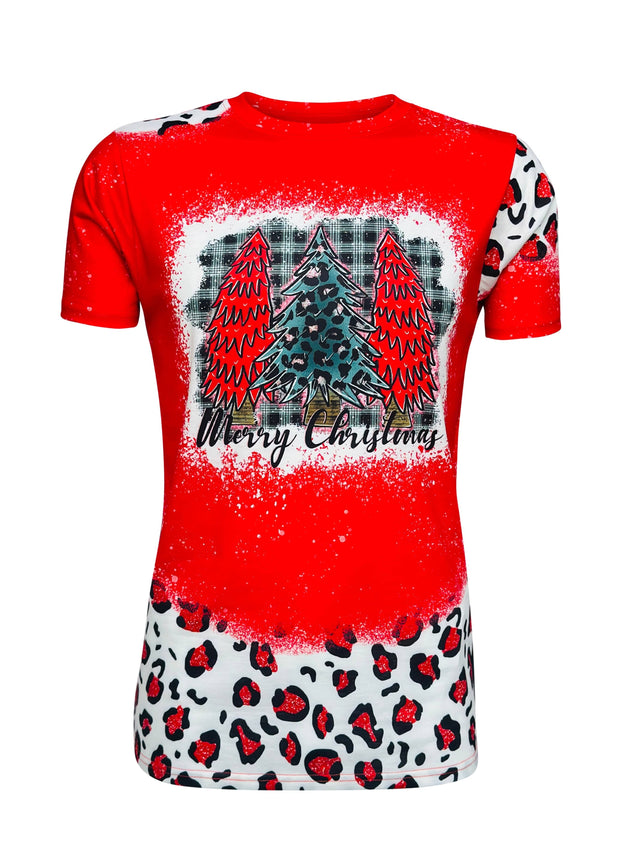 ILTEX Apparel Women's Clothing Merry Christmas Red Cheetah Short Sleeve Top