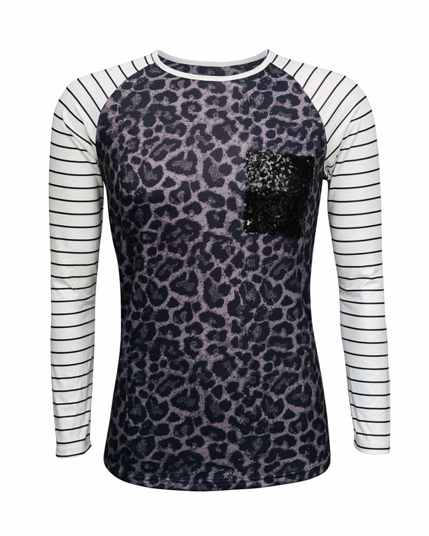 ILTEX Apparel Adult Clothing Cheetah Black Stripe Sequin Top