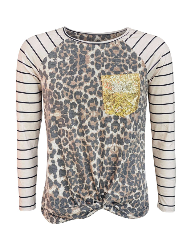 ILTEX Apparel Adult Clothing Cheetah Faded Stripe Knot Sequin Top