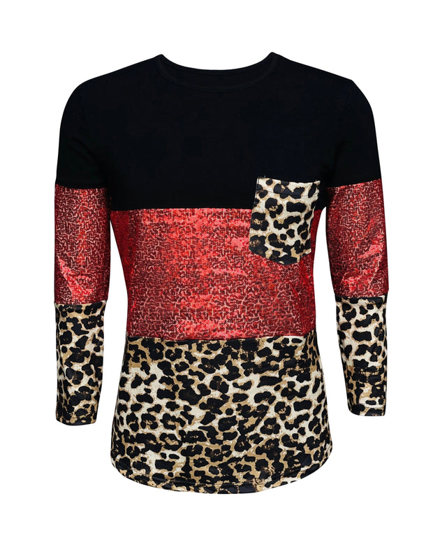ILTEX Apparel Adult Clothing Color Block Black Cheetah Red Sequin Top