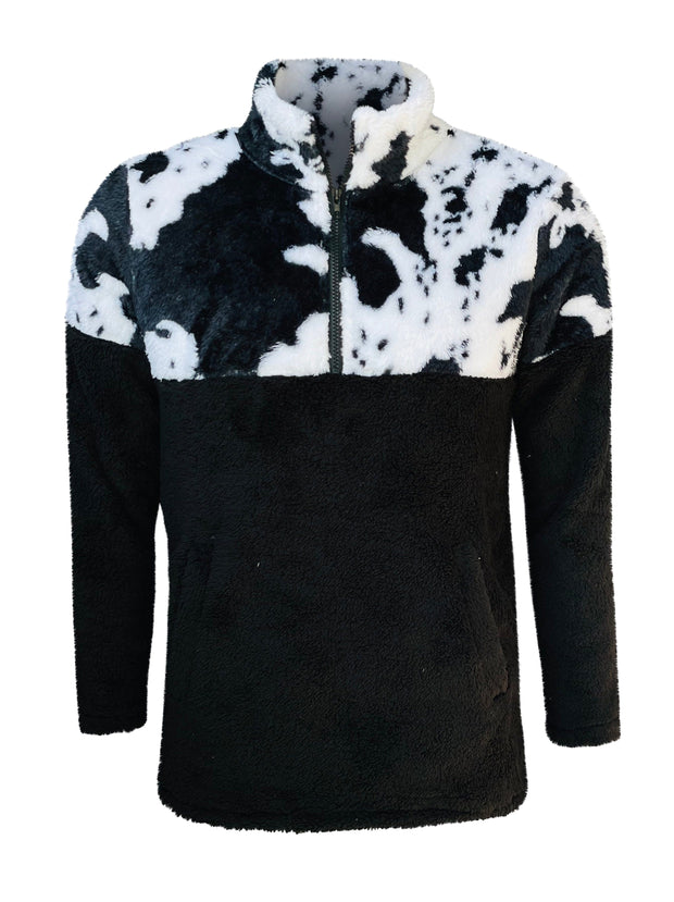 ILTEX Apparel Adult Clothing Color Block Cow Print Black Sherpa Pullover Women
