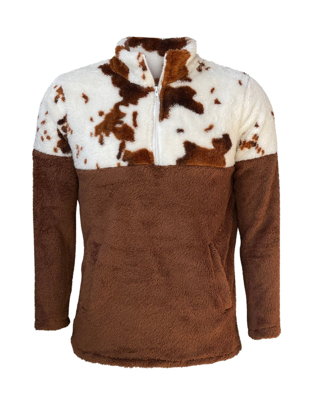 ILTEX Apparel Adult Clothing Color Block Cow Print Brown Sherpa Pullover Women