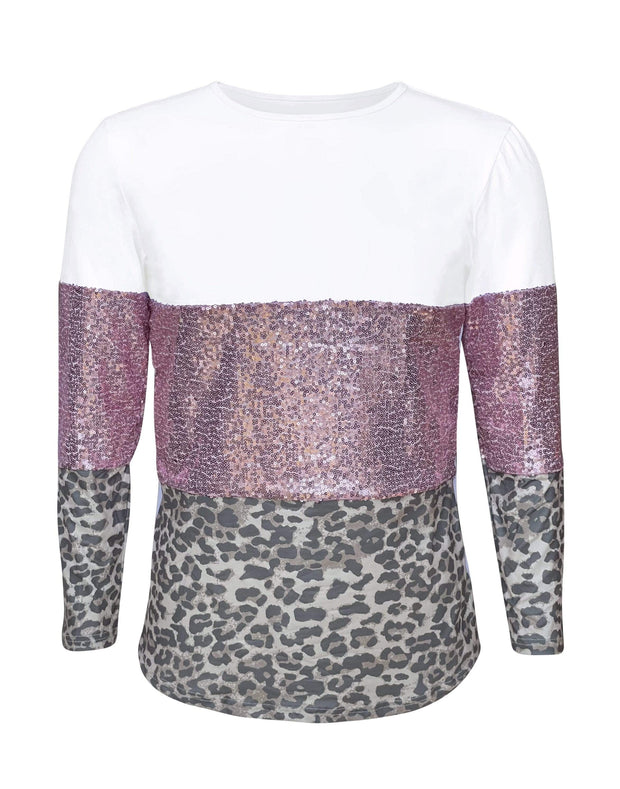 ILTEX Apparel Adult Clothing Color Block Light Pink Sequin Faded Cheetah Top