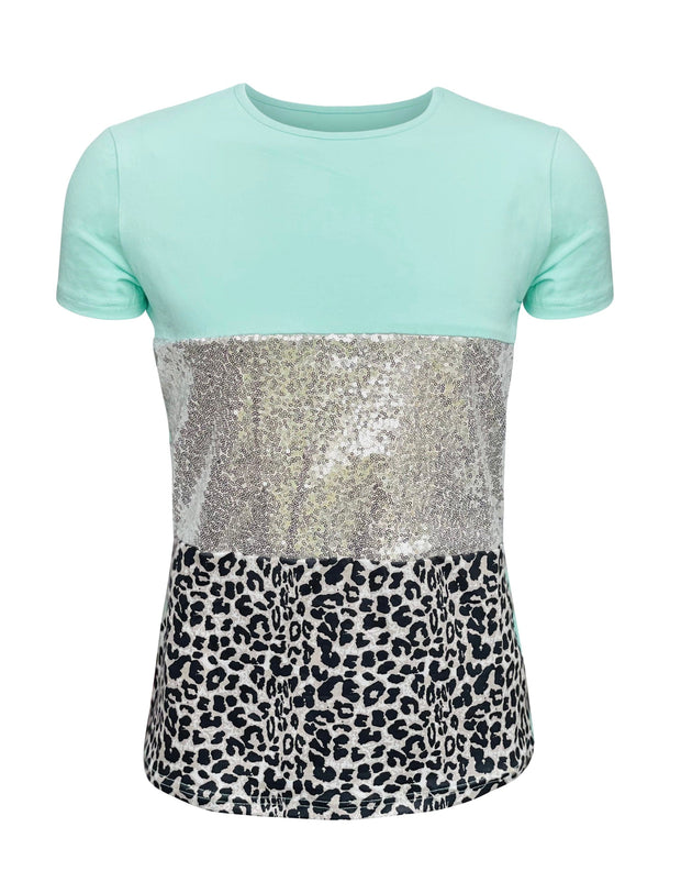ILTEX Apparel Adult Clothing Color Block Mint Sequin Cheetah Top