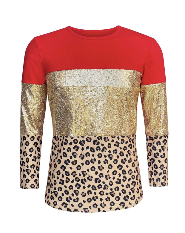 ILTEX Apparel Adult Clothing Color Block Red Cheetah Gold Sequin Top