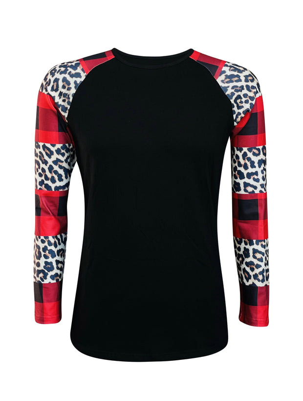 ILTEX Apparel Adult Clothing Color Block Sleeve Black Plaid Cheetah Top