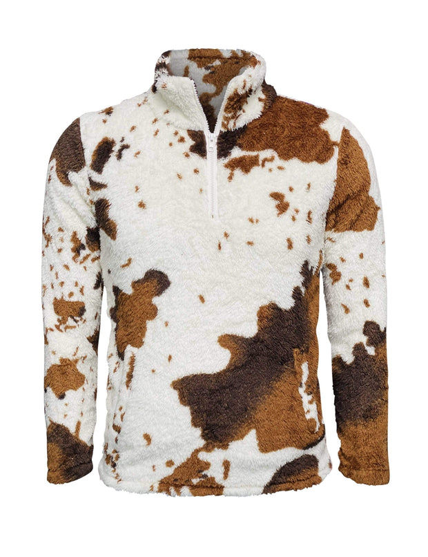 ILTEX Apparel Adult Clothing Cow Print Brown White Sherpa Pullover Women