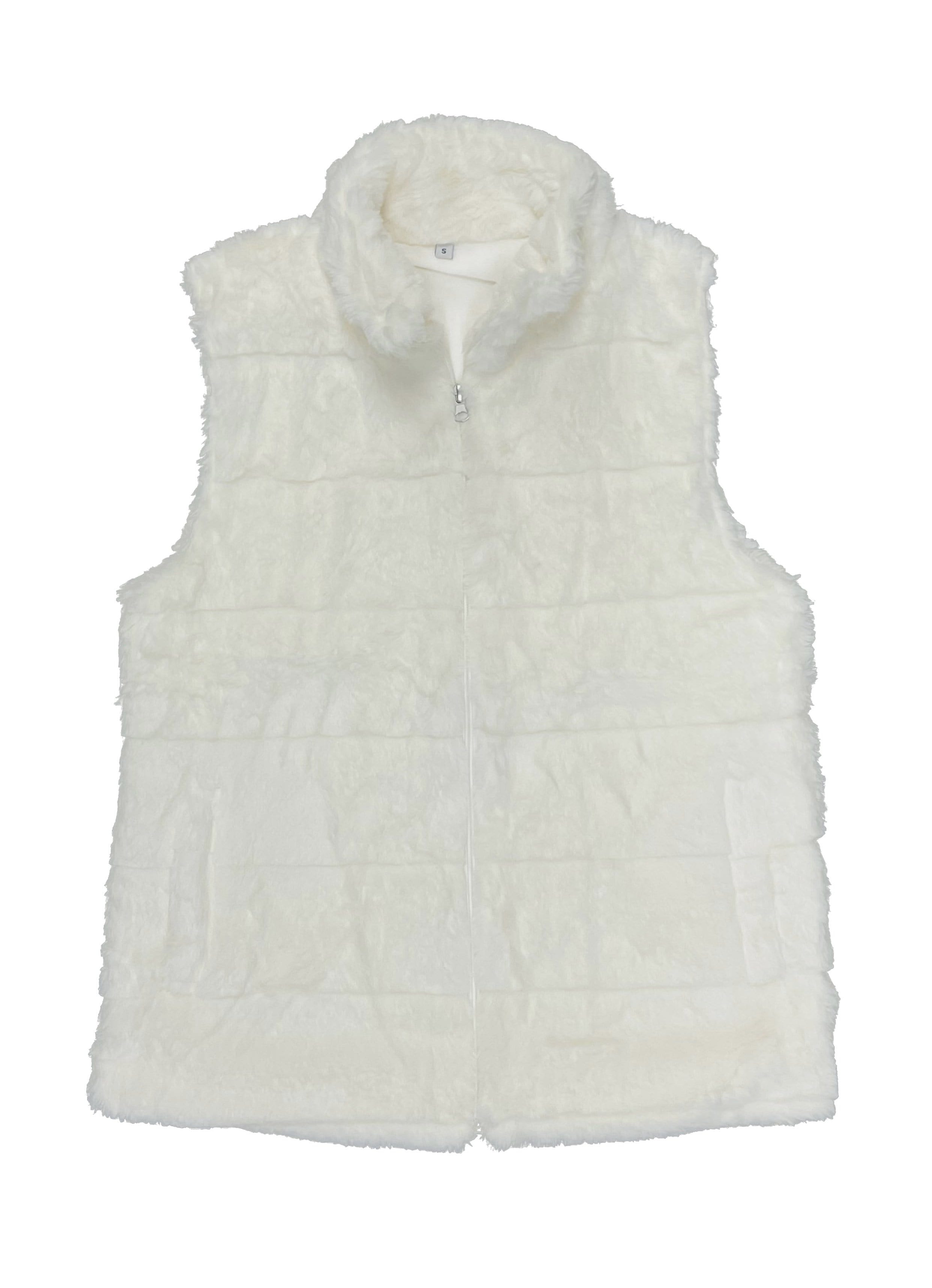 White fuzzy vest size xs, leggings size xs, grey long sleeve top
