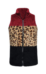ILTEX Apparel Adult Clothing Sherpa Color Block Cheetah Burgundy Vest Women