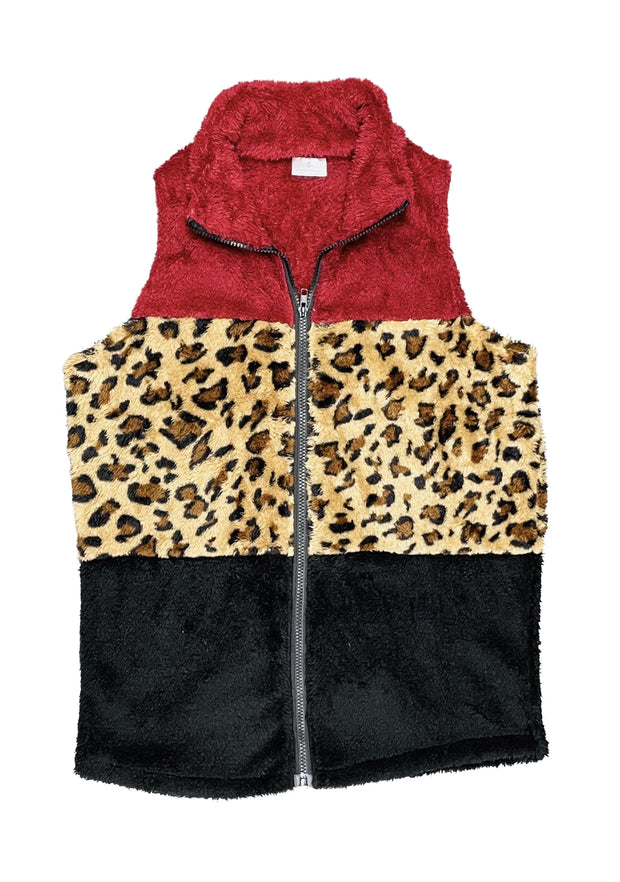 ILTEX Apparel Adult Clothing Sherpa Color Block Cheetah Burgundy Vest Women