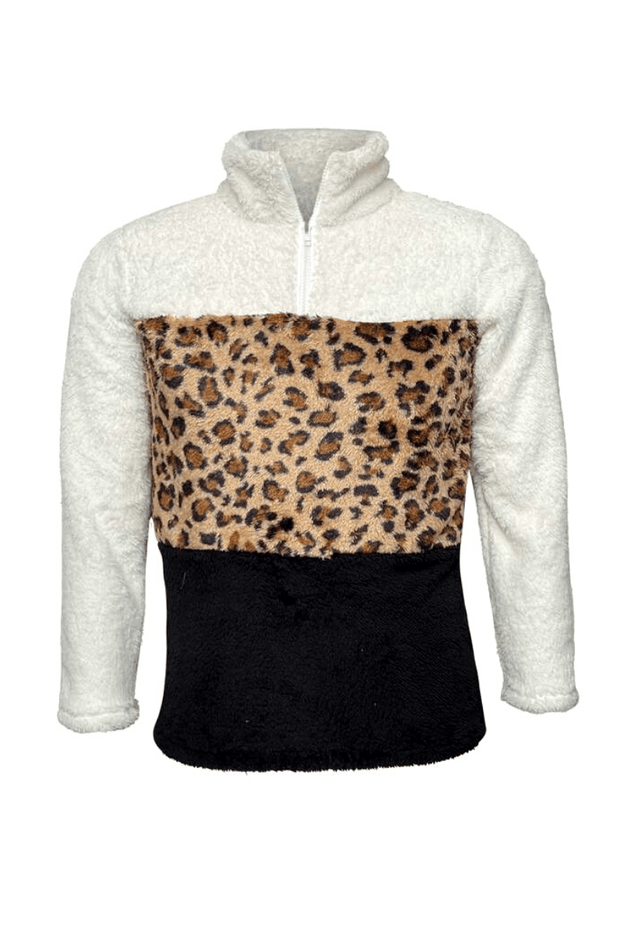 ILTEX Apparel Adult Clothing Sherpa Color Block White Cheetah Pullover Women