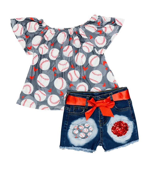 ILTEX Apparel Kids Clothing Baseball Hearts Gray Denim Shorts Sequin Kids Outfit