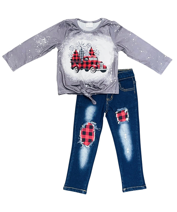 ILTEX Apparel Kids Clothing Buffalo Plaid Bleached Christmas Truck Pant Outfit