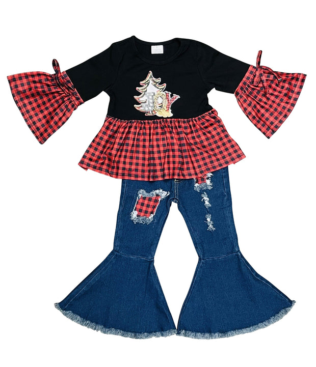 ILTEX Apparel Kids Clothing Buffalo Plaid 'Joy' Christmas Bell Bottom Outfit
