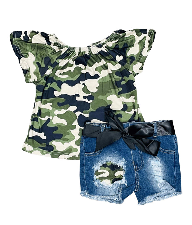 ILTEX Apparel Kids Clothing Camouflage Off the Shoulder Denim Outfit Kids