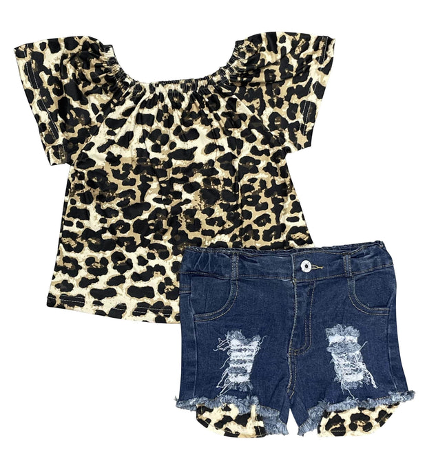 ILTEX Apparel Kids Clothing Cheetah Off The Shoulder Denim Shorts Outfit Kids