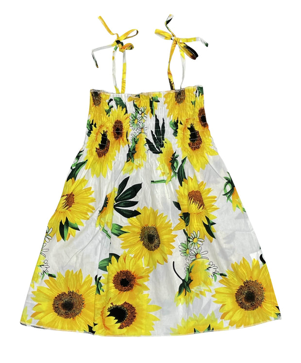 ILTEX Apparel Kids Clothing Girl's Ruched White Sunflower Sundress