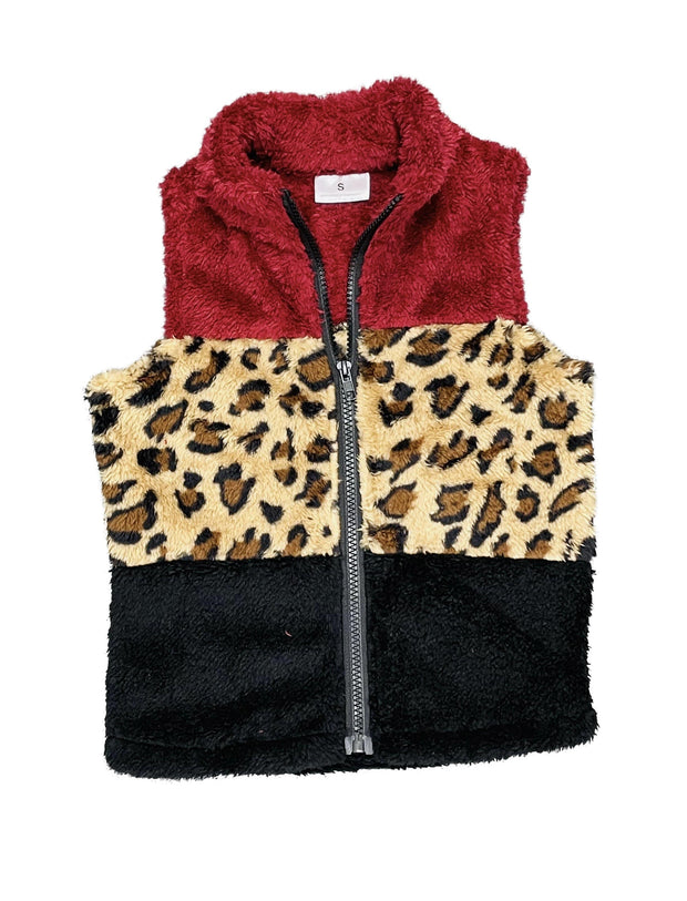 ILTEX Apparel Kids Clothing Sherpa Color Block Cheetah Burgundy Vest Kids