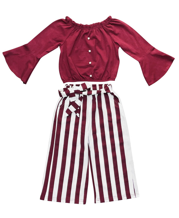 ILTEX Apparel Kids Clothing Striped Maroon Off the Shoulder Outfit Kids