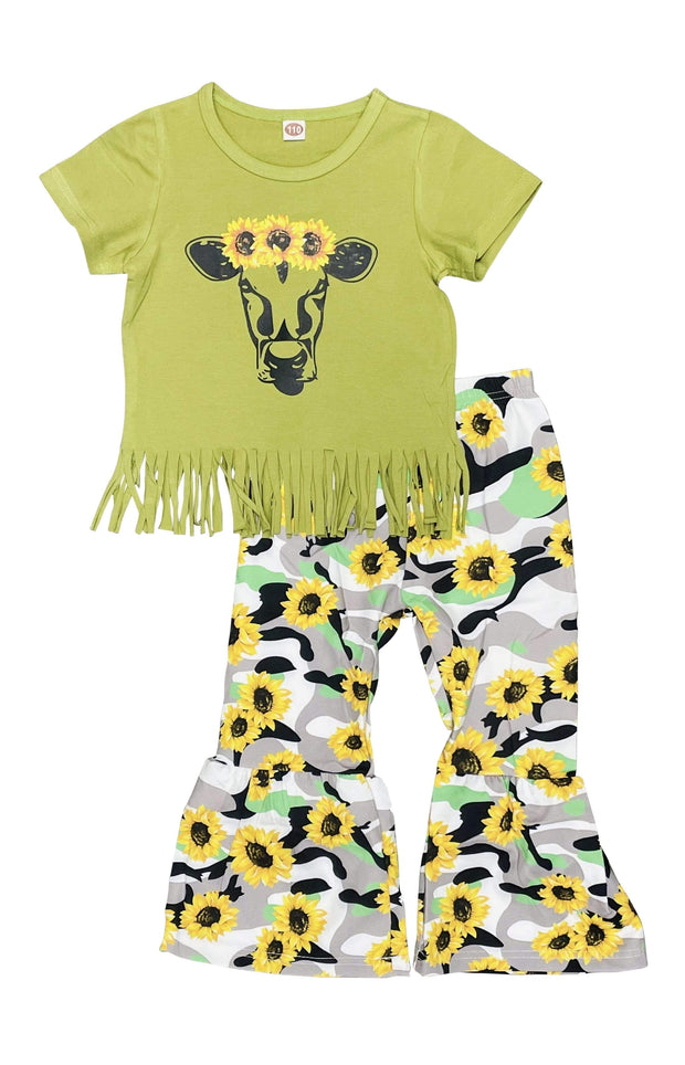 ILTEX Apparel Kids Clothing Sunflower Camo Cow Green Tassel Kids Outfit