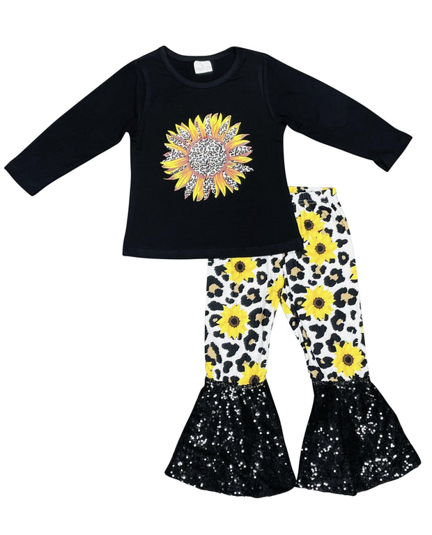 ILTEX Apparel Kids Clothing Sunflower Cheetah Black Sequin Bell Bottom Outfit Kids