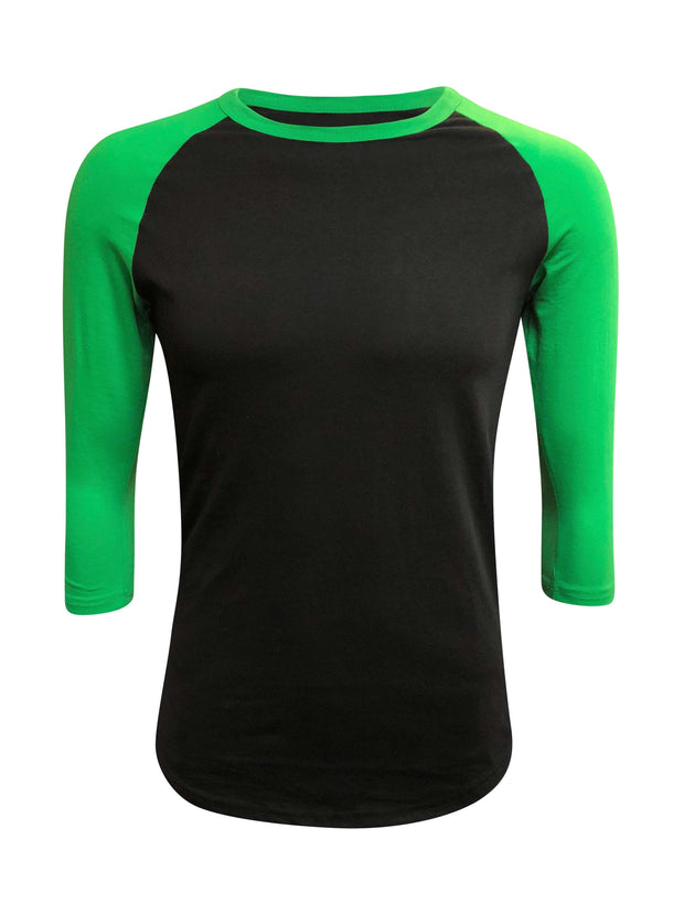 ILTEX Apparel Raglan Small / Black/Kelly Green Adult Plain Raglan 3/4 T-Shirt - Black Body