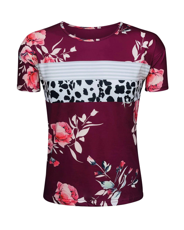 ILTEX Apparel Women's Clothing Floral Burgundy Striped Cow Top